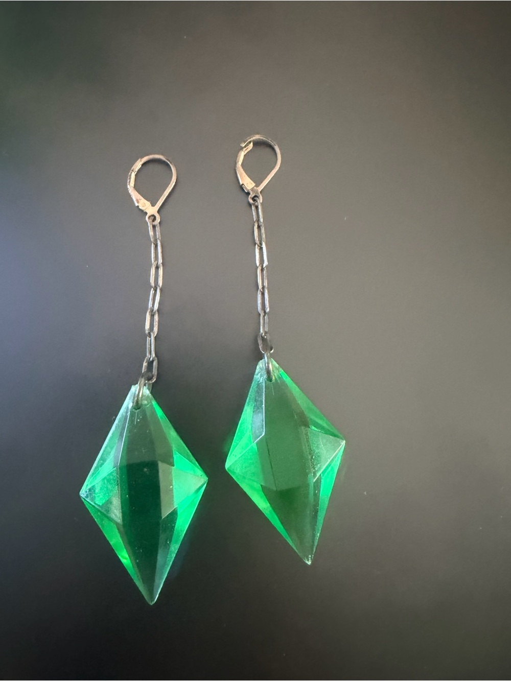 Long Dangle Earrings with Green Drops